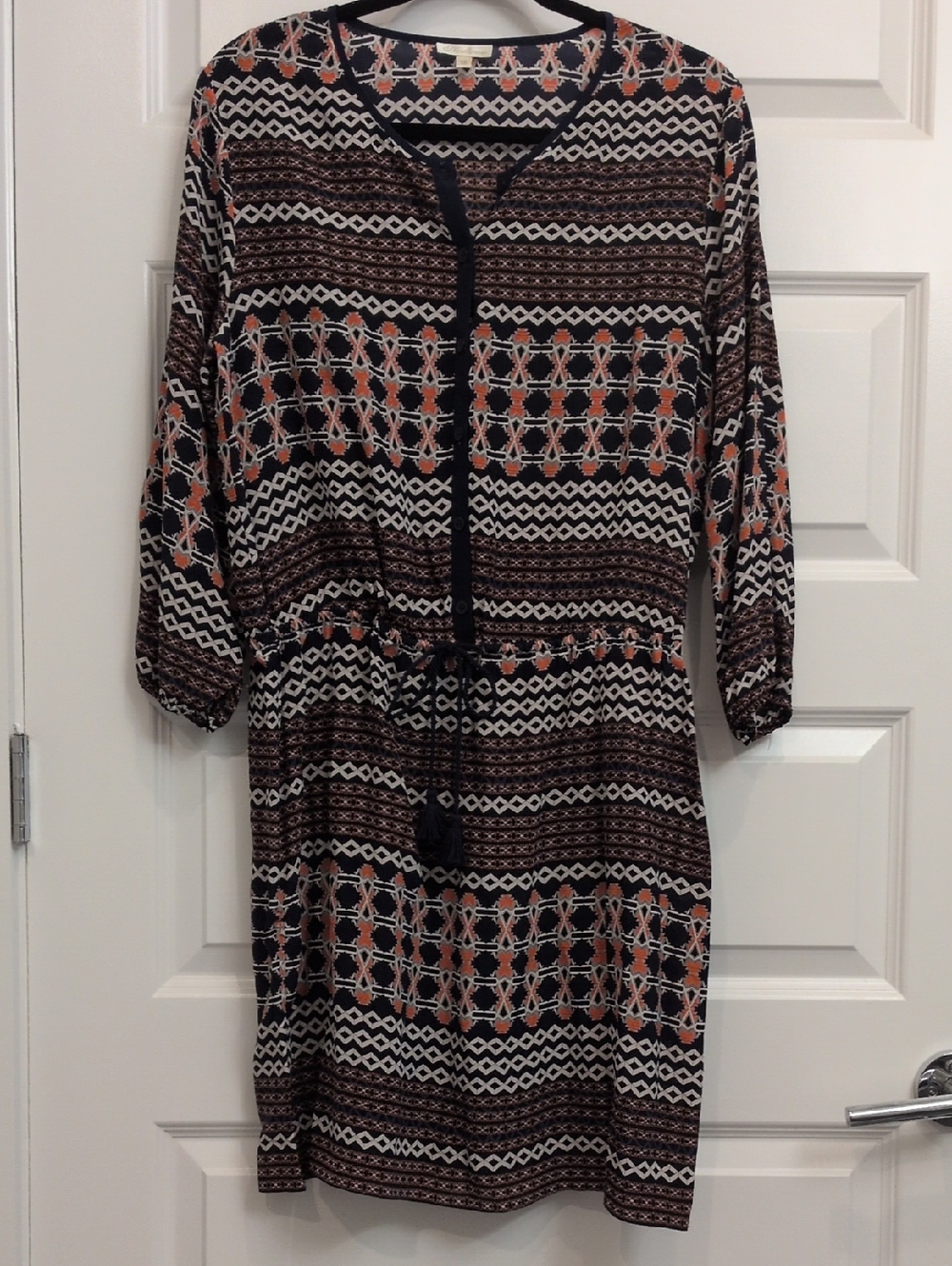 Shoshanna Silk Navy and Coral Patterned Drawstring Tunic Dress